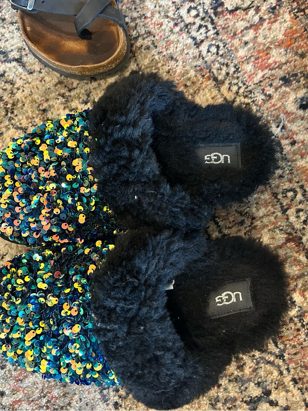 UGG Black Sequin Fur Lined Slip-On Slippers